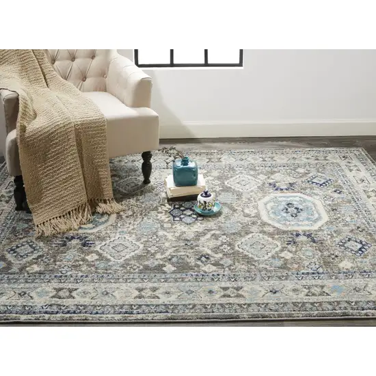 Gray Brown And Blue Floral Stain Resistant Area Rug Photo 3