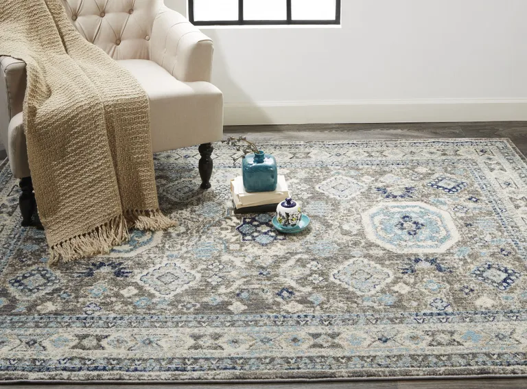 Gray Brown And Blue Floral Stain Resistant Area Rug Photo 3