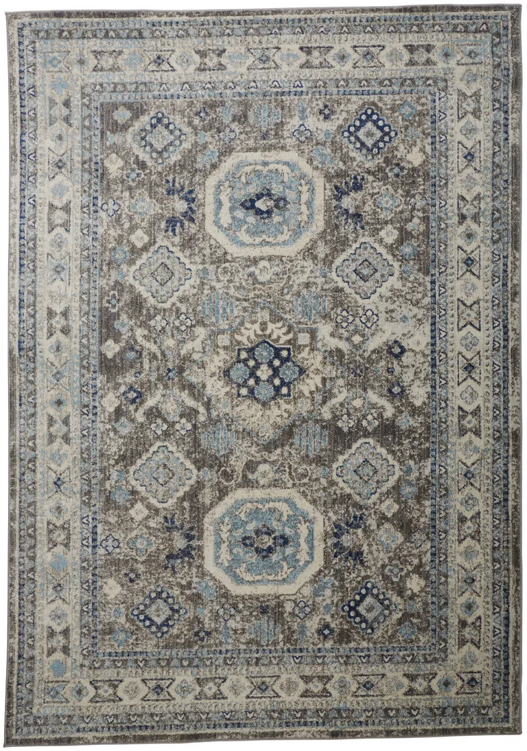 Gray Brown And Blue Floral Stain Resistant Area Rug Photo 1