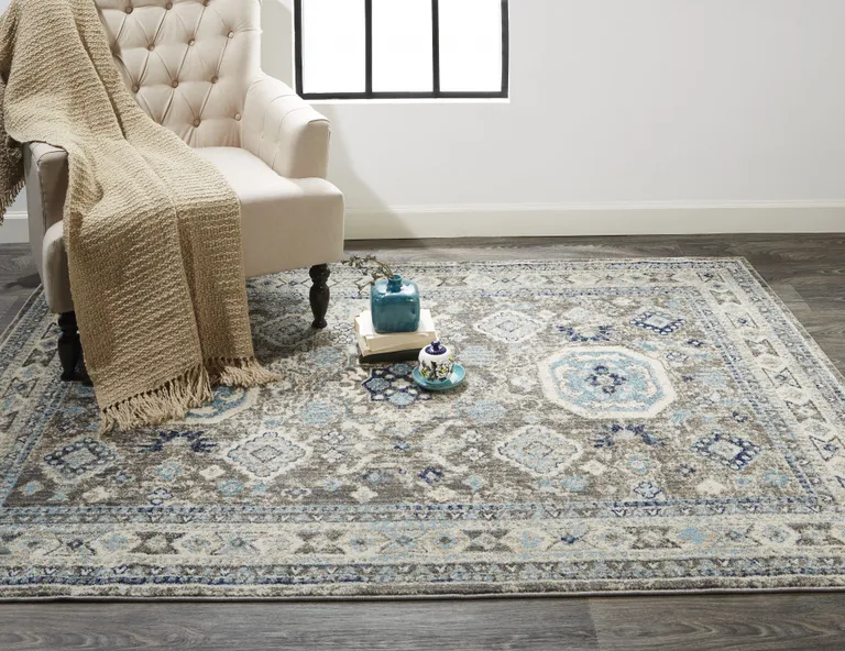 Gray Brown And Blue Floral Stain Resistant Area Rug Photo 2