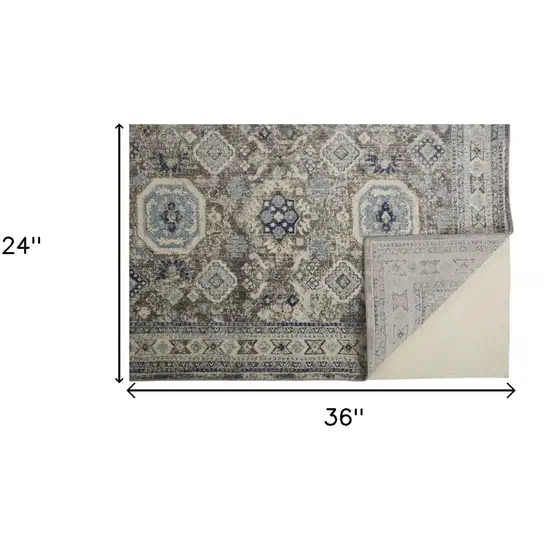 Gray Brown And Blue Floral Stain Resistant Area Rug Photo 8