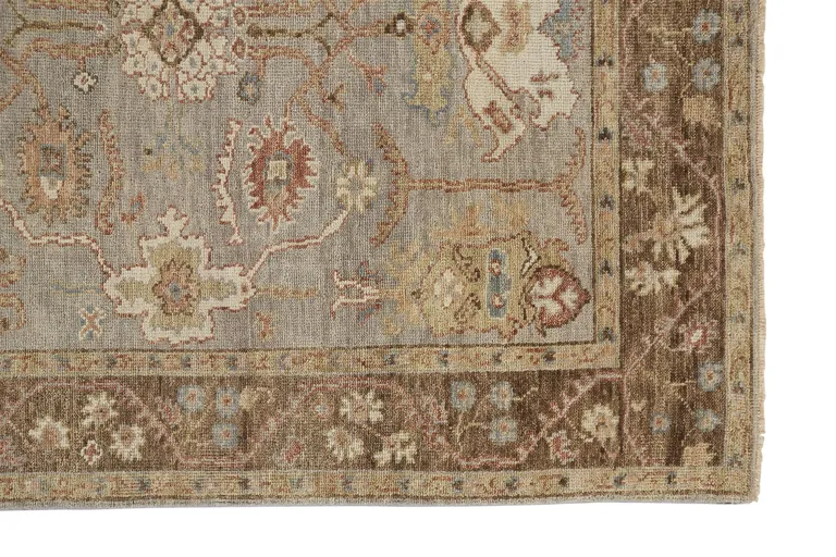 Gray Brown And Gold Wool Floral Hand Knotted Stain Resistant Area Rug With Fringe Photo 1