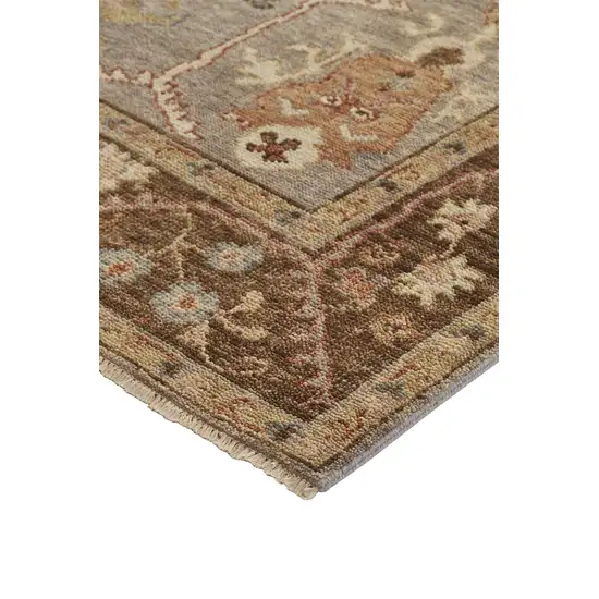 Gray Brown And Gold Wool Floral Hand Knotted Stain Resistant Area Rug With Fringe Photo 5