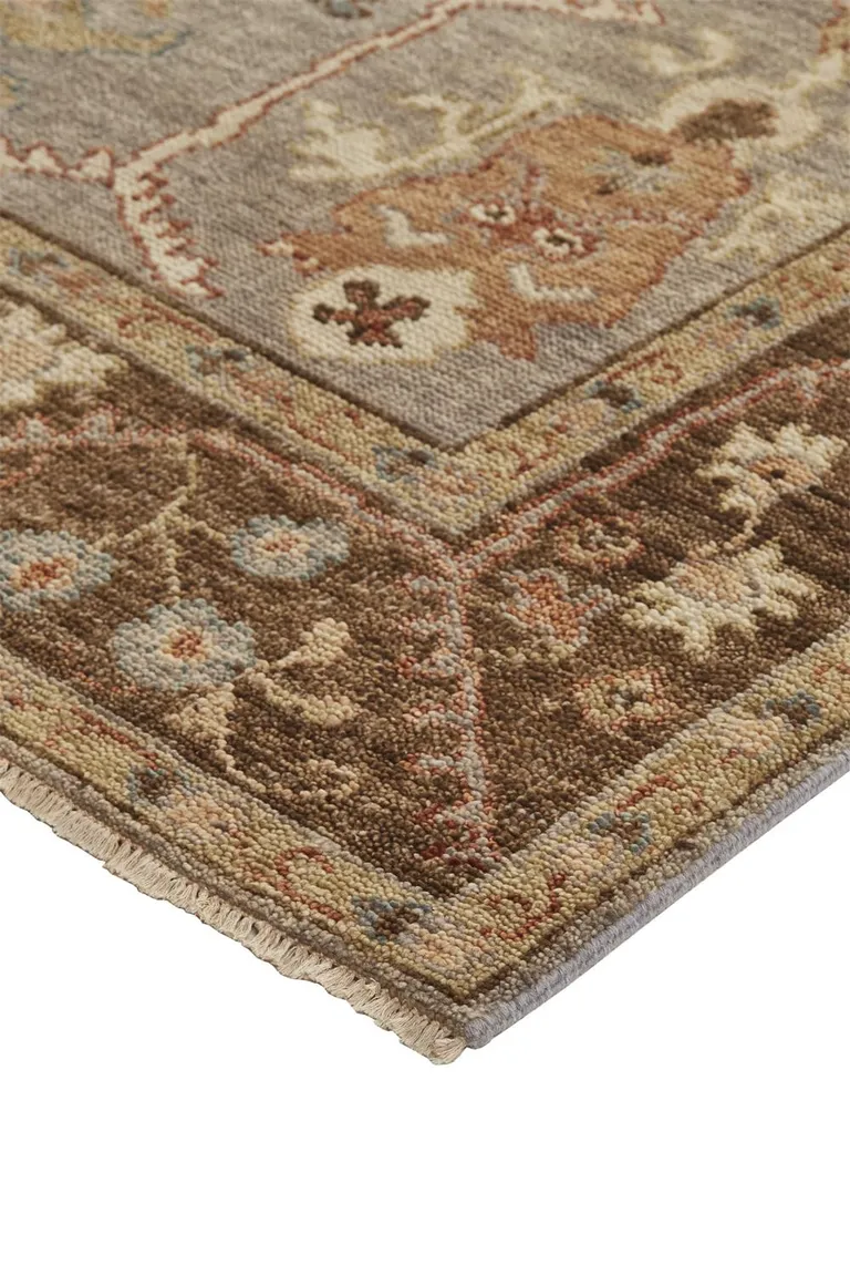 Gray Brown And Gold Wool Floral Hand Knotted Stain Resistant Area Rug With Fringe Photo 4