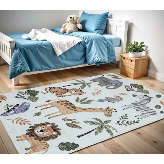 Gray Brown and Green Juvenile Zoo Animals Youthful Area Rug Photo 2