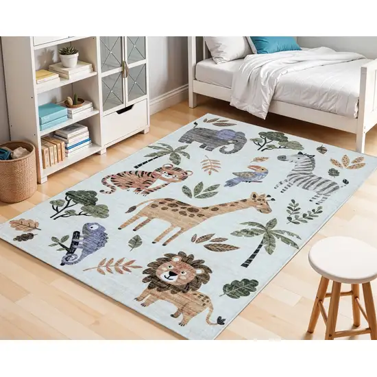 Gray Brown and Green Juvenile Zoo Animals Youthful Area Rug Photo 3