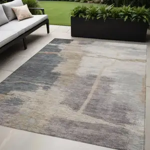 Photo of Gray Charcoal And Beige Abstract Washable Indoor Outdoor Area Rug