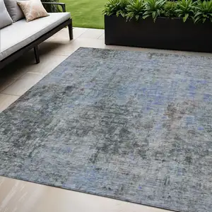 Photo of Gray Charcoal And Blue Abstract Washable Indoor Outdoor Area Rug