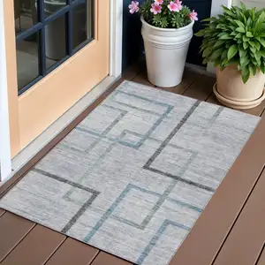 Photo of Gray Charcoal And Blue Geometric Washable Indoor Outdoor Area Rug