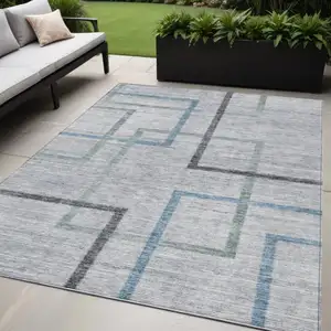 Photo of Gray Charcoal And Blue Geometric Washable Indoor Outdoor Area Rug