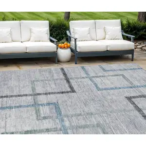 Photo of Gray Charcoal And Blue Geometric Washable Indoor Outdoor Area Rug