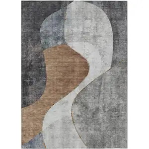 Photo of Gray Charcoal And Brown Abstract Washable Indoor Outdoor Area Rug