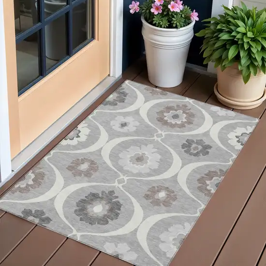 Gray Charcoal And Brown Medallion Washable Indoor Outdoor Area Rug Photo 1