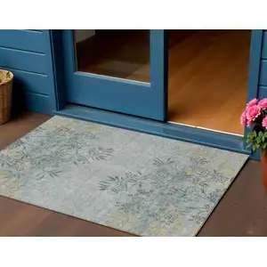 Photo of Gray Charcoal And Gold Floral Washable Indoor Outdoor Area Rug