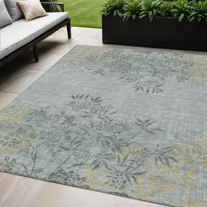 Photo of Gray Charcoal And Gold Floral Washable Indoor Outdoor Area Rug