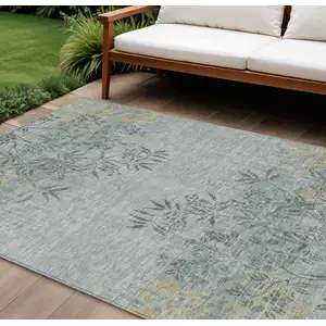 Photo of Gray Charcoal And Gold Floral Washable Indoor Outdoor Area Rug