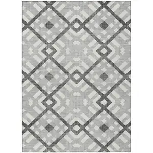 Photo of Gray Charcoal And Ivory Geometric Washable Indoor Outdoor Area Rug