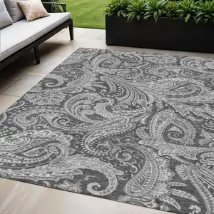 Photo of Gray Charcoal And Ivory Paisley Washable Indoor Outdoor Area Rug