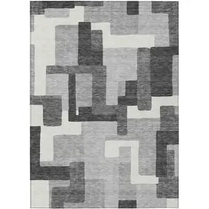 Photo of Gray Charcoal And Silver Abstract Washable Indoor Outdoor Area Rug