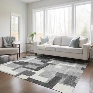 Photo of Gray Charcoal And Silver Abstract Washable Indoor Outdoor Area Rug