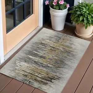 Photo of Gray Charcoal And Silver Abstract Washable Indoor Outdoor Area Rug