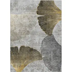 Photo of Gray Charcoal And Silver Floral Washable Indoor Outdoor Area Rug