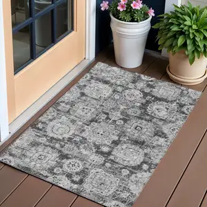 Photo of Gray Charcoal And Silver Floral Washable Indoor Outdoor Area Rug