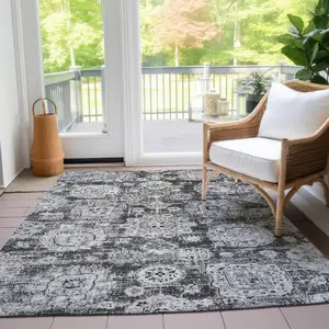 Photo of Gray Charcoal And Silver Floral Washable Indoor Outdoor Area Rug