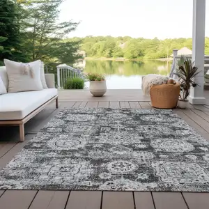 Photo of Gray Charcoal And Silver Floral Washable Indoor Outdoor Area Rug