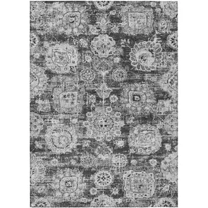 Photo of Gray Charcoal And Silver Floral Washable Indoor Outdoor Area Rug