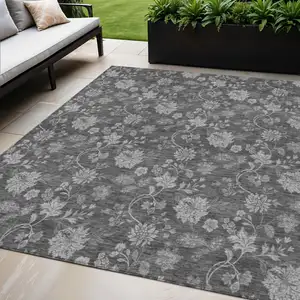 Photo of Gray Charcoal And Silver Floral Washable Indoor Outdoor Area Rug