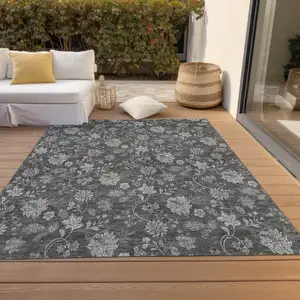 Photo of Gray Charcoal And Silver Floral Washable Indoor Outdoor Area Rug