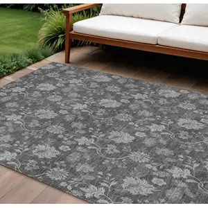 Photo of Gray Charcoal And Silver Floral Washable Indoor Outdoor Area Rug