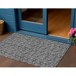 Photo of Gray Charcoal And Silver Floral Washable Indoor Outdoor Area Rug