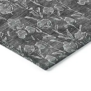 Photo of Gray Charcoal And Silver Floral Washable Indoor Outdoor Area Rug