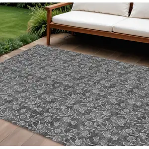 Photo of Gray Charcoal And Silver Floral Washable Indoor Outdoor Area Rug