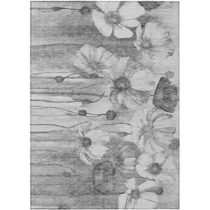 Photo of Gray Charcoal And Silver Floral Washable Indoor Outdoor Area Rug