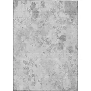 Photo of Gray Charcoal And Silver Floral Washable Indoor Outdoor Area Rug