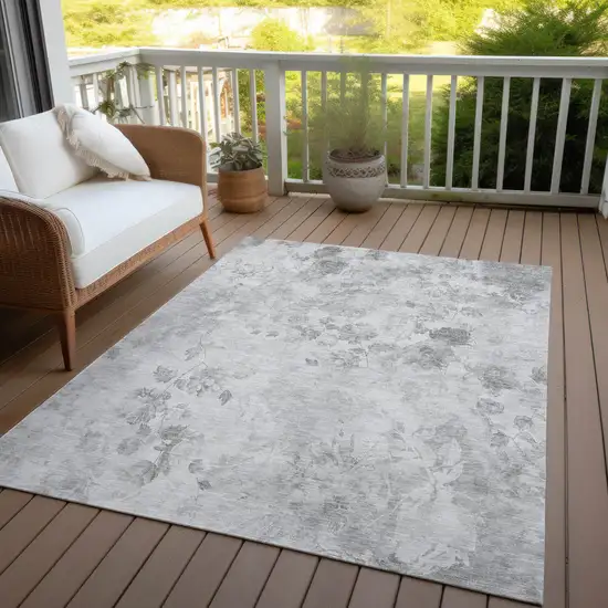 Gray Charcoal And Silver Floral Washable Indoor Outdoor Area Rug Photo 6