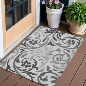 Photo of Gray Charcoal And Silver Floral Washable Indoor Outdoor Area Rug