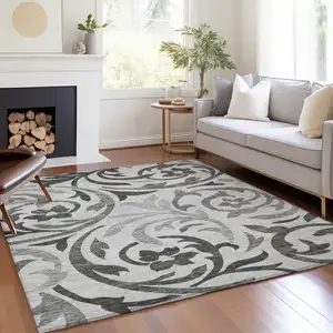 Photo of Gray Charcoal And Silver Floral Washable Indoor Outdoor Area Rug