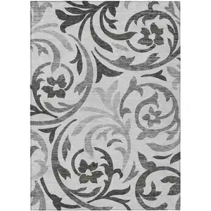 Photo of Gray Charcoal And Silver Floral Washable Indoor Outdoor Area Rug