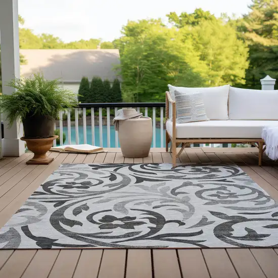 Gray Charcoal And Silver Floral Washable Indoor Outdoor Area Rug Photo 9