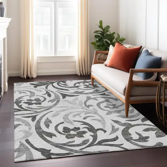 Gray Charcoal And Silver Floral Washable Indoor Outdoor Area Rug Photo 8