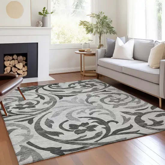 Gray Charcoal And Silver Floral Washable Indoor Outdoor Area Rug Photo 7