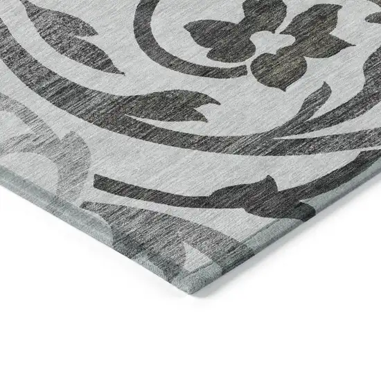 Gray Charcoal And Silver Floral Washable Indoor Outdoor Area Rug Photo 3