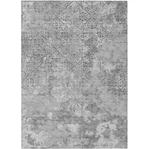 Photo of Gray Charcoal And Silver Floral Washable Indoor Outdoor Area Rug