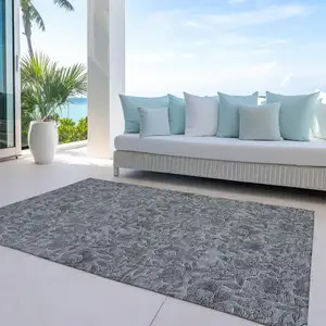 Photo of Gray Charcoal And Silver Floral Washable Indoor Outdoor Area Rug