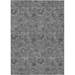 Photo of Gray Charcoal And Silver Floral Washable Indoor Outdoor Area Rug