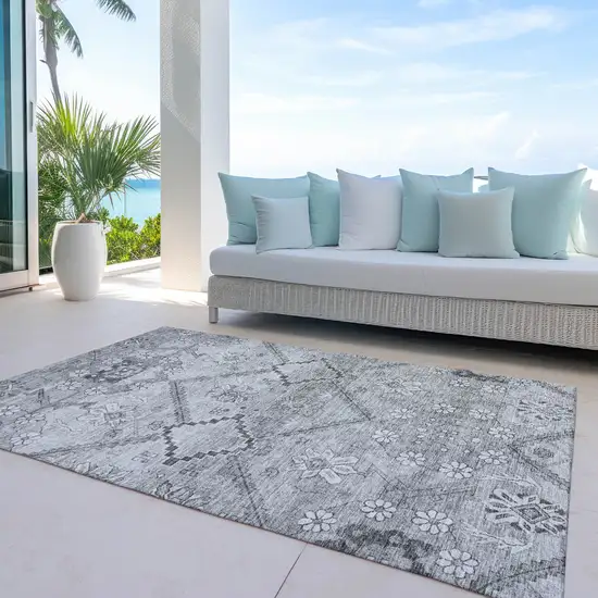 Gray Charcoal And Silver Floral Washable Indoor Outdoor Area Rug Photo 8